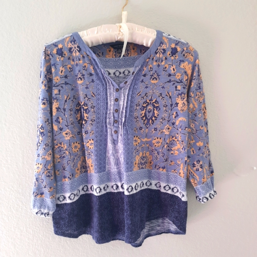 Lucky Brand Tunic Long Sleeve Boho Peasant Blouse Blue/Yellow Size L - Picture 1 of 14